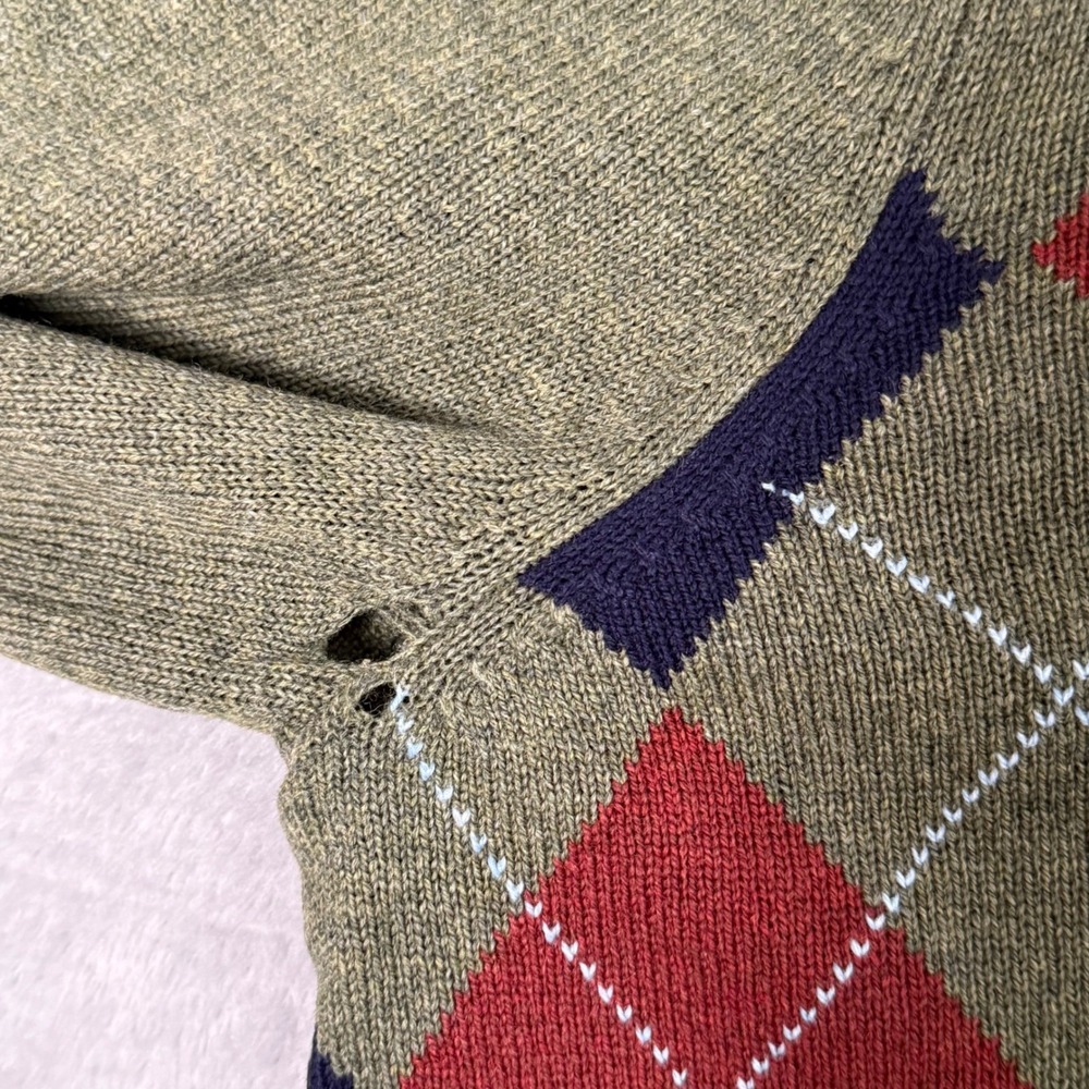 LL Bean Sweater Mens XL Green Argyle Lambswool V Neck Preppy Eclectic Grandpa‎ - Picture 5 of 9